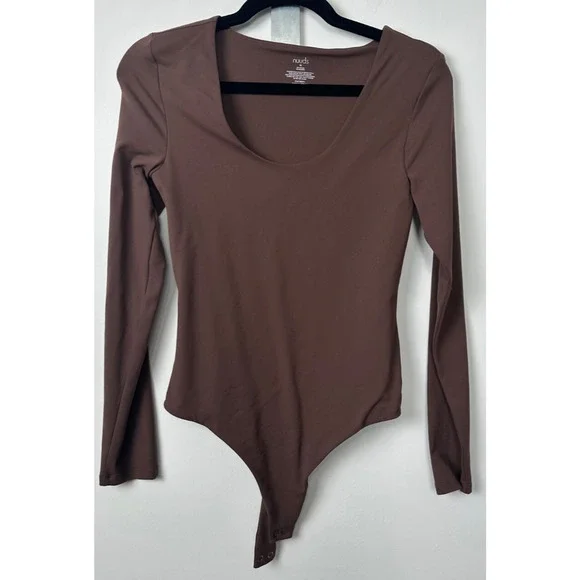 Nuuds Long Sleeve Crewbeck Bodysuit Coffee Brown Thong Style Size M Fitted B2 - Picture 1 of 5